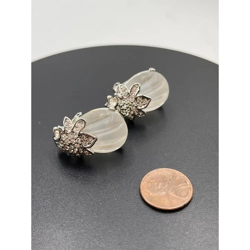 Kenneth Jay Lane White Lucite & Clear Crystal Clip-On‎ Earrings - Picture 8 of 12